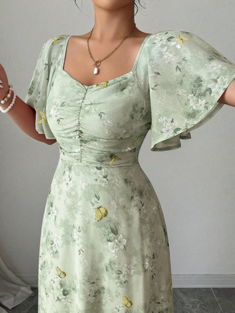 Floral Lotus Leaf Sleeves Sweetheart Collar Vacation And Leisure Maxi Dresses