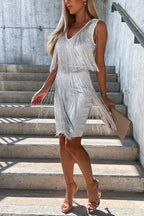 V Neck Waisted Sleeveless Tassel Bodycon Party Dress