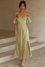 Satin Sweetheart Flutter Sleeve Ruched Bust High Slit Midi Dress
