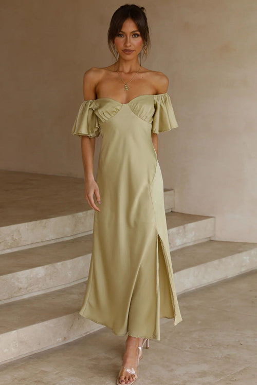 Satin Sweetheart Flutter Sleeve Ruched Bust High Slit Midi Dress