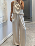 Swing Collar Sleeveless Top Straight-leg Trousers Set 2-piece Sets