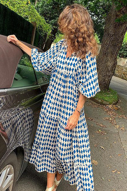 Geometric Lattice Print V-Neck Puff Sleeve Tiered Maxi Dress