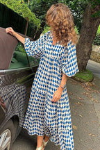 Geometric Lattice Print V-Neck Puff Sleeve Tiered Maxi Dress
