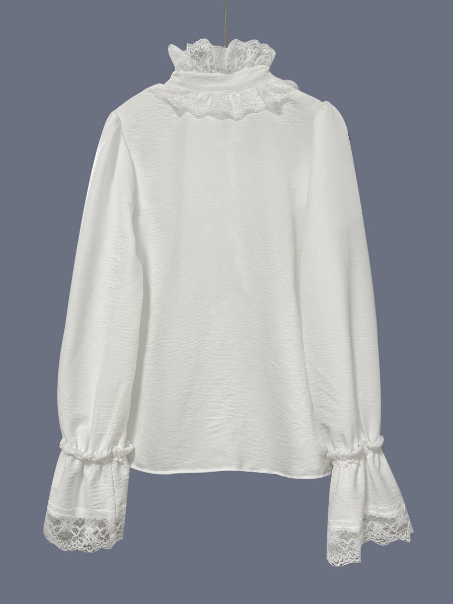 White Lace-trimmed Long-sleeved Shirt