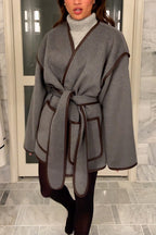 Open Front Pocketed Splice Coat with Belt