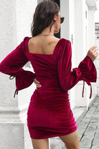 Velvet Square Neck Ruched Drawstring Cuff Balloon Sleeve Mini Dress
