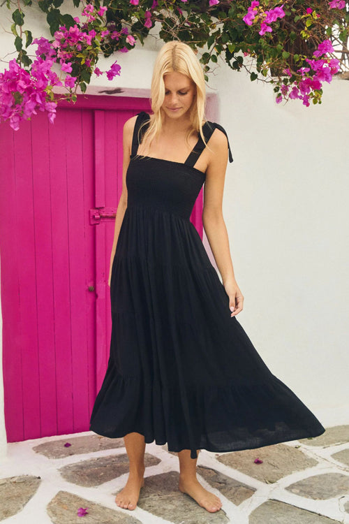 Botanical Leaf Print Smocked Square Neck Tie Shoulder Tiered Maxi Dress