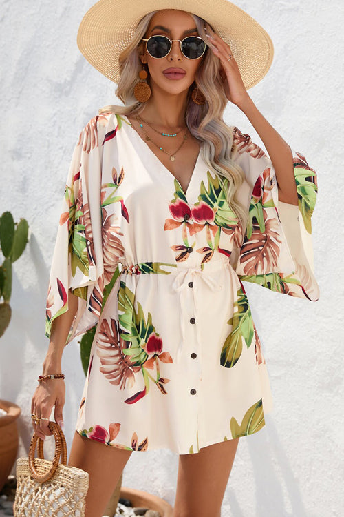Deep V Neck Button Front Kimono Sleeve Drawstring Botanical Print Mini Dress