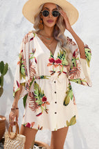Deep V Neck Button Front Kimono Sleeve Drawstring Botanical Print Mini Dress