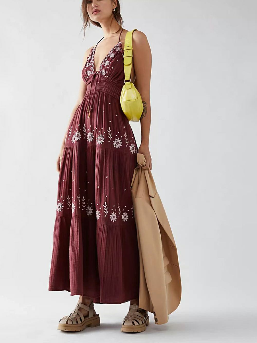 Floral Embroidery Plunging V-Neck Tie Waist Tiered Gauze Maxi Dress