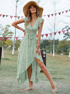 Wrap-up V-neck Bandage Asymmetrical Skirt Vacation And Leisure Maxi Dresses