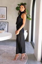 One Shoulder Cowl Neck Draped Satin A-Line Midi Dress