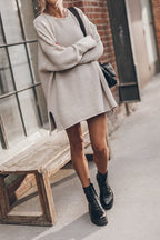 Waffle Knit Crew Neck Long Sleeve Side Slit Sweater Mini Dress