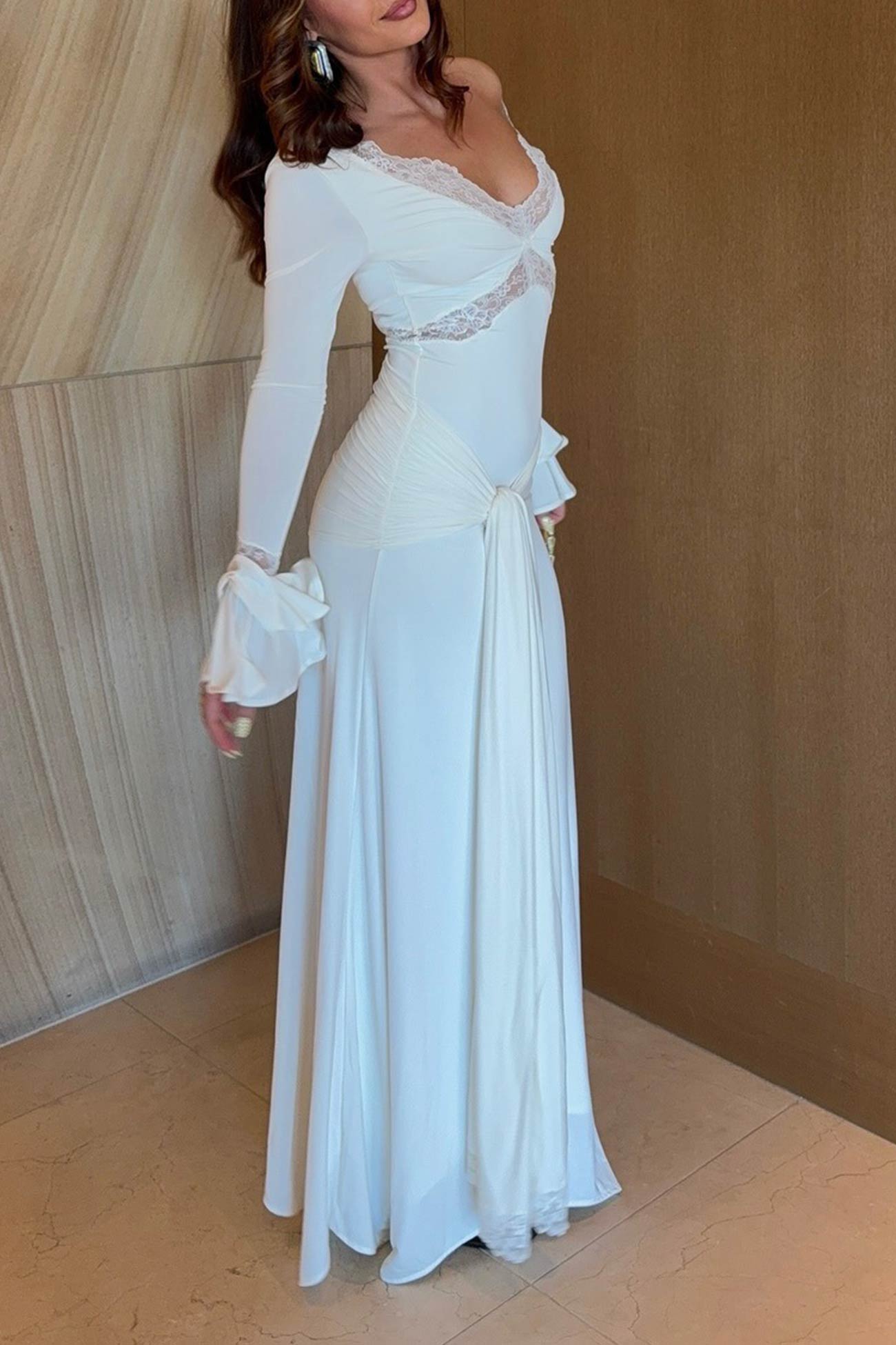 Lace Trim Deep V-Neck Ruffle Cuff Side Tie Long Sleeve Maxi Dress