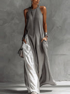 Sleeveless Loose-fit Pocket Color-blocked Leisure Off-shoulder Maxi Dresses