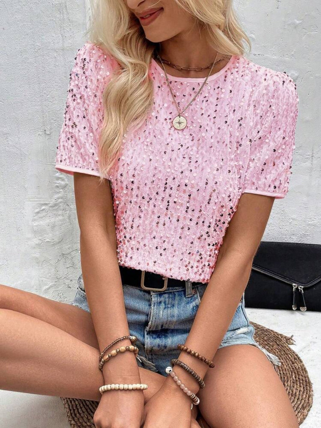Sequins Crew Neck Short Sleeve T-shirt