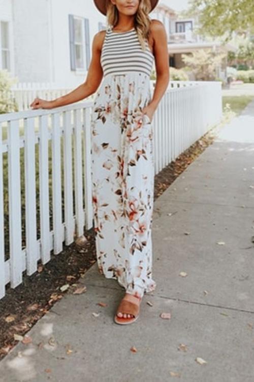 Sleeveless Stripes Splice Floral Maxi Dress