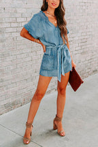 V Neck Short Sleeves Tie Waist Pockets Denim Romper