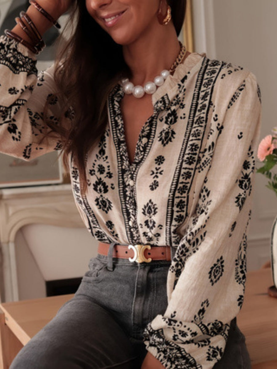Geometric Print V-neck Long-sleeved Shirt