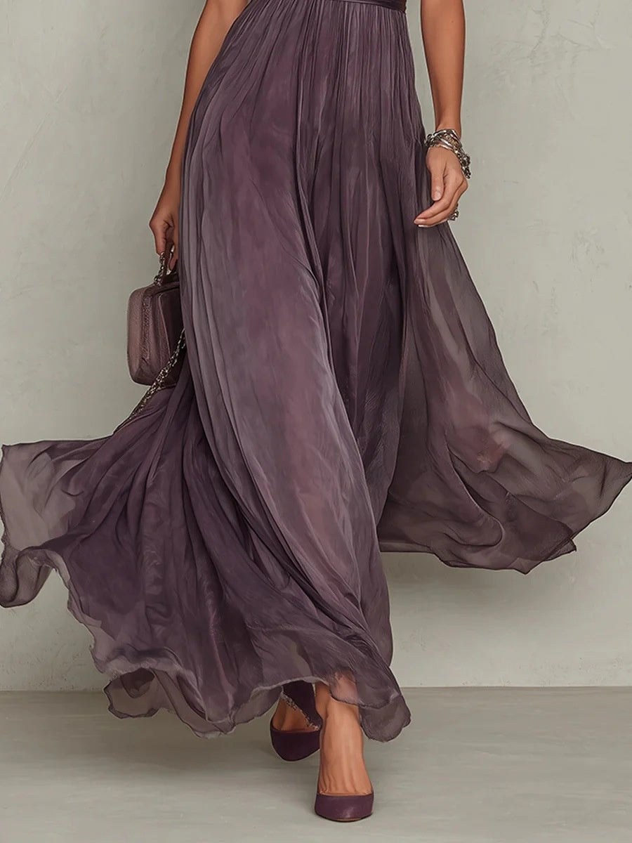 V-neck Waist Ruffle Chiffon Big Swing Maxi Dresses