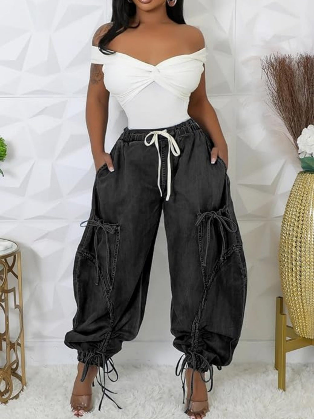 Y2K Drawstring Bow Tie Loose-fitting Ankles Jeans