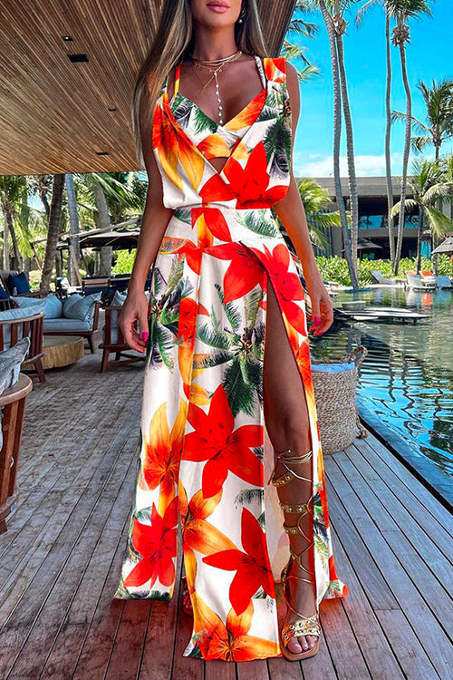 V Neck High Slit Maxi Cover Up Dress with Crop Cami Top Beach Set