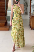 Printed One Shoulder Cut Out Waist Pleated Irregular Dress