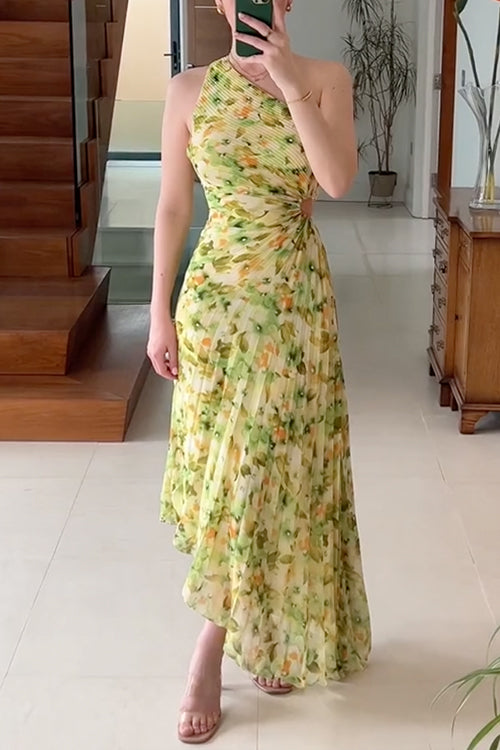 Printed One Shoulder Cut Out Waist Pleated Irregular Dress