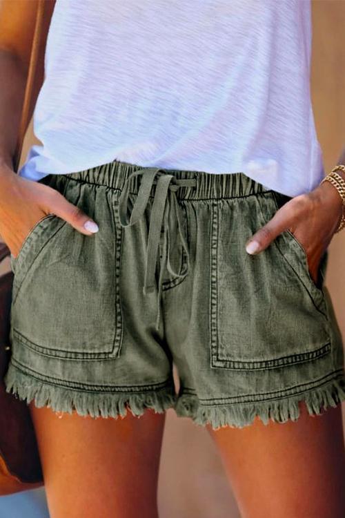 Drawstring High Waist Raw Hem Pockets Shorts