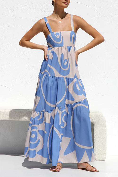 Adjustable Strap Waisted Soleil Print Ruffle Maxi Dress
