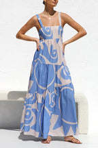 Adjustable Strap Waisted Soleil Print Ruffle Maxi Dress