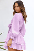 Tie Front Puff Sleeve Smocked Waist Tiered Ruffle Mini Set