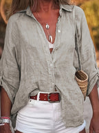 Three-quarter Sleeve Cotton Linen V-neck Loose Button T-shirt