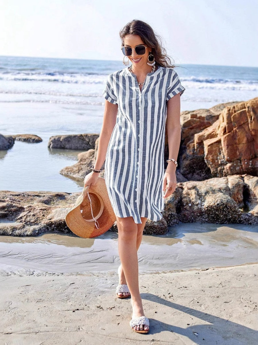Buttons Stripes Mini&Short Dresses