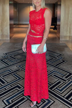 Sleeveless Cut Out Lace Top and Maxi Bodycon Skirt Set