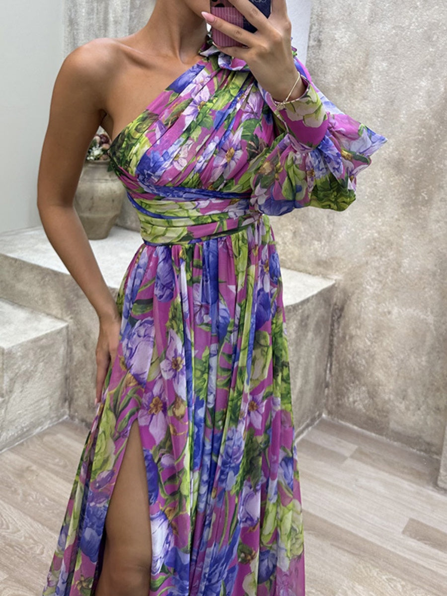 Floral Print Mesh Off-shoulder Maxi Dresses