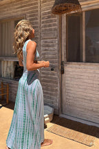 Tie Dye Print Plunging V-Neck Waist Cut Out Side Slit Maxi Dress