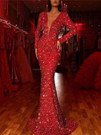 V-neck Long Sleeve Glitter Fishtail Edge Maxi Dresses