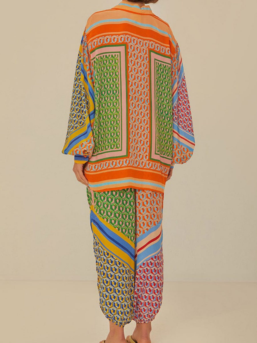 Geometric Pattern Cover-up Long-sleeved T-shirt Jogger Pants Set 2-piece Sets