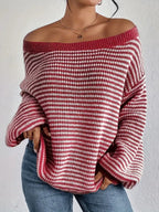 Stripes Off-the-shoulder Neckline Color Matching Knitted Sweater