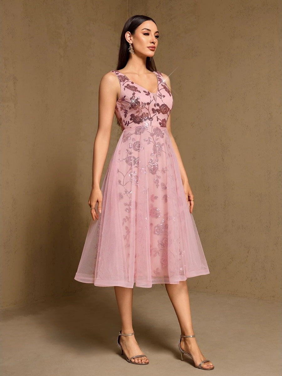 Embroidery Sequins Mesh Sweet Reunion Midi Dresses