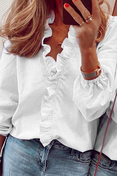 V Neck Long Sleeve Ruffle Blouse Shirt