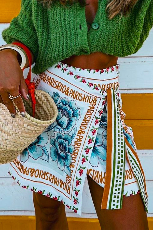 Unique Floral Printed Tie Waist Wrapped Mini Skirt