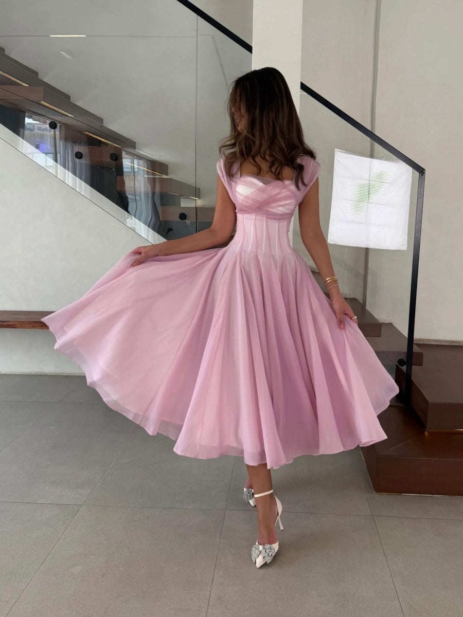 Mesh Splicing Waist Big Swing Maxi Dresses