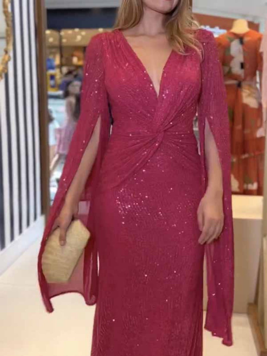 V-neck Hip-hugging Sequins Cloak Parties Maxi Dresses