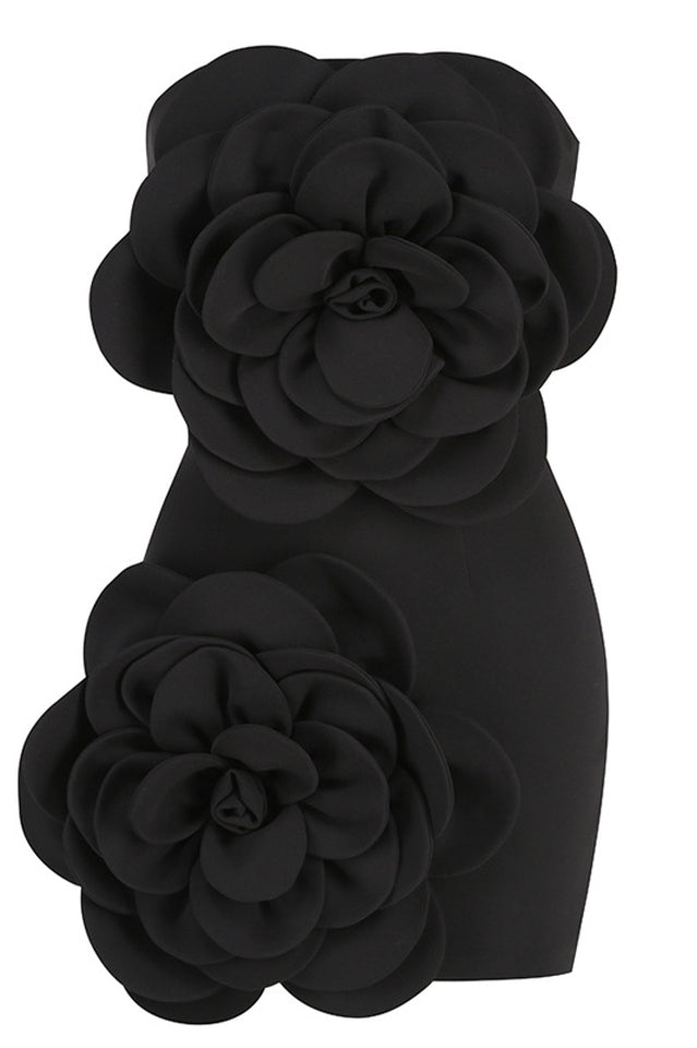 Strapless 3D Fabric Flower Applique Bodycon Mini Dress