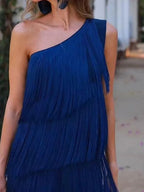 Tassel Sloping Shoulders Asymmetrical Maxi Dresses