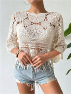 Crocheted Openwork Knit See-through Top, Solid Color Beach Bikini Cover-up