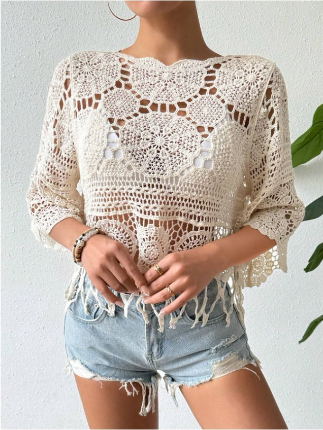 Crocheted Openwork Knit See-through Top, Solid Color Beach Bikini Cover-up