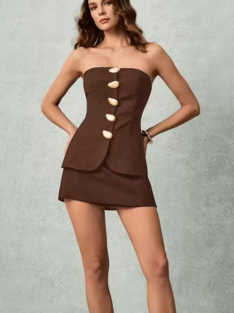 Button-down Strapless Top And Wide-leg Shorts Set